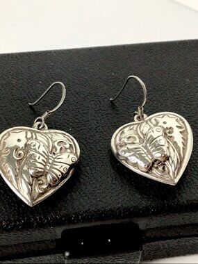 Sterling Silver Puffy Heart Shaped Earrings Butterfly Design 7 Grams 1 3/8”